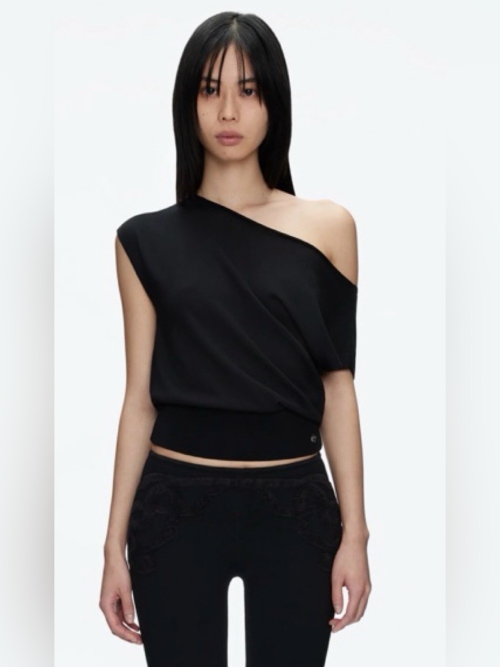 Tank Air Off Shoulder Knit Top- Black